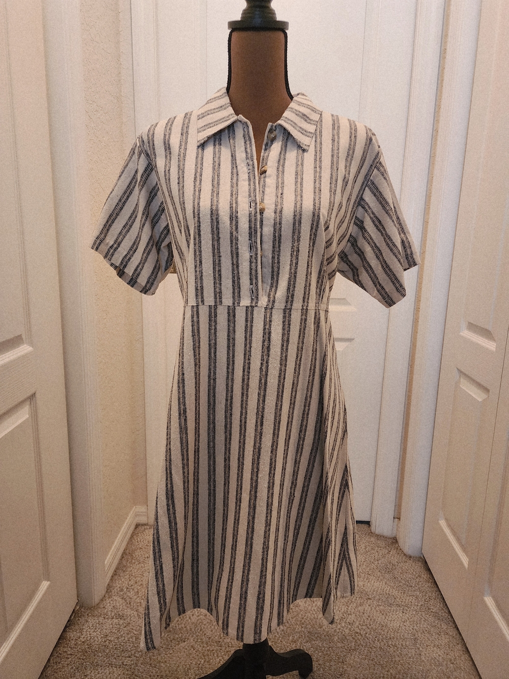 Vintage 90s Noile Silk Exchange Striped Collared Midi Dress Ivory And Blue Large